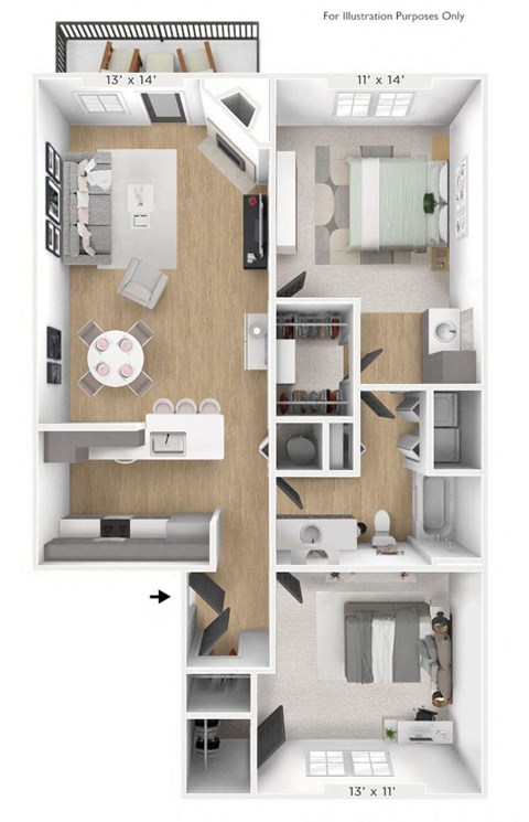 Floor plan for 2 beds, 1 bath, 980 sqft